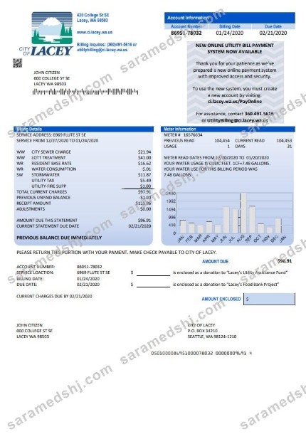 USA Washington City of Lacey water utility bill template in Word and PDF format (proof of address)